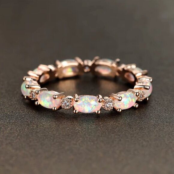 NEW 18k Rose Gold Opal Ring Band Dainty Eternity Ring Band - Picture 3 of 6
